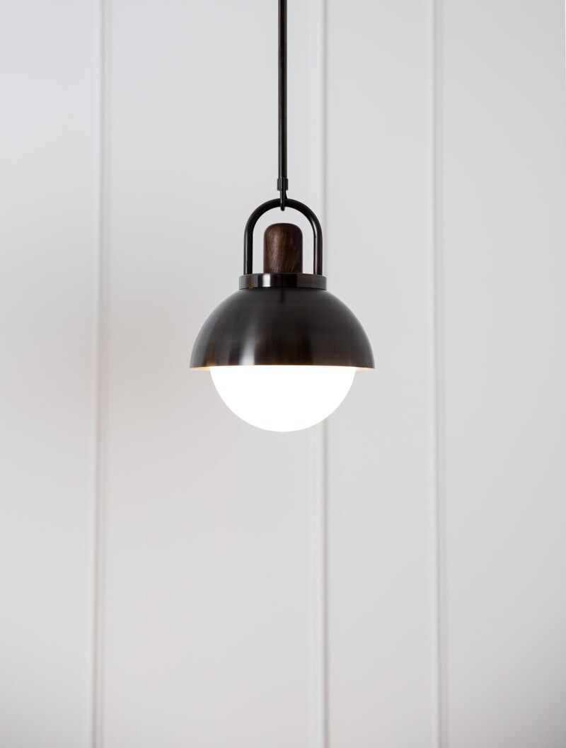 Arc Dome 10" shown in Blackened Brass, Black Walnut, Opal Globe